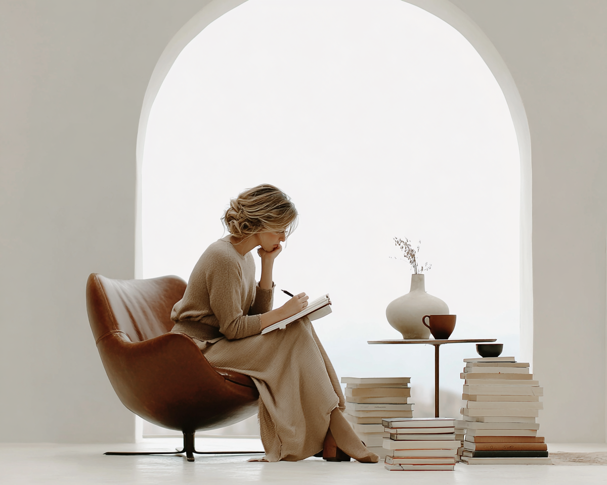 Author and aspiring writer journaling by a sunlit arched window — Gitana Dreams creative studio for book authors
