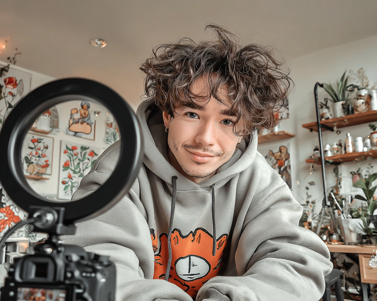 Young content creator and influencer recording with a ring light — Gitana Dreams creator platform