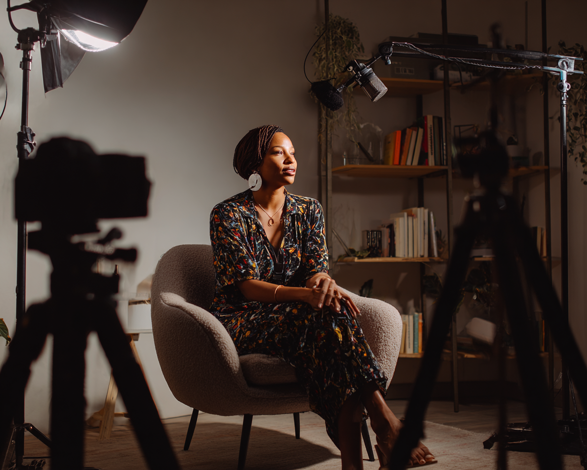 Expert being interviewed in a professional podcast studio — Gitana Dreams storytelling platform for thought leaders